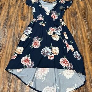 Fortune & Ivy Faux Wrap Hi Low Dress Womens Size XXL Navy Blue Floral Easter